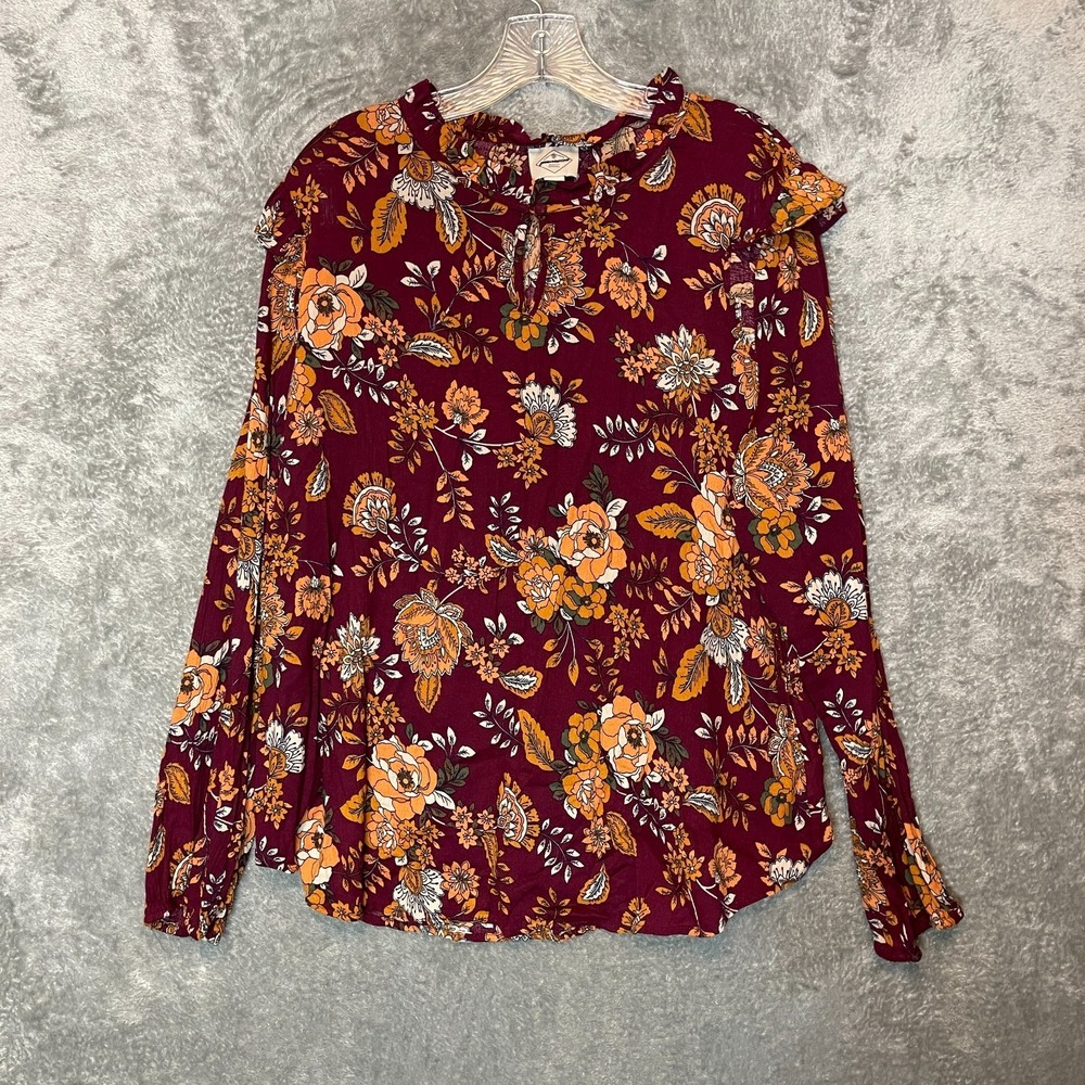 St Johns Bay Women Floral‎ Fall Boho Chic Ruffle Long Sleeve Keyhole Top XL
